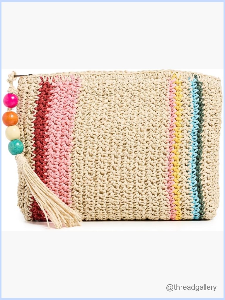Woven Raffia Clutch With Bead And Tassel Details, Zipper Closure, Wrist Strap